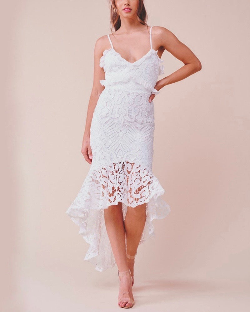 Glamorous Floral Crochet Lace Fishtail Ruffle Trim Dress in White Shop Hearts Glamorous Floral Crochet Lace Fishtail Ruffle Trim Dress in White Shop Hearts