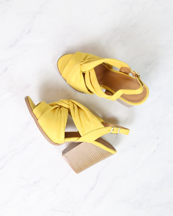 Knot Your Basic Pair Slingback Ankle Strap Wooden Heel Sandals in Yellow Suede