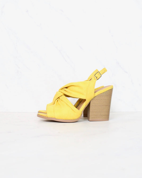 Knot Your Basic Pair Slingback Ankle Strap Wooden Heel Sandals in Yellow Suede