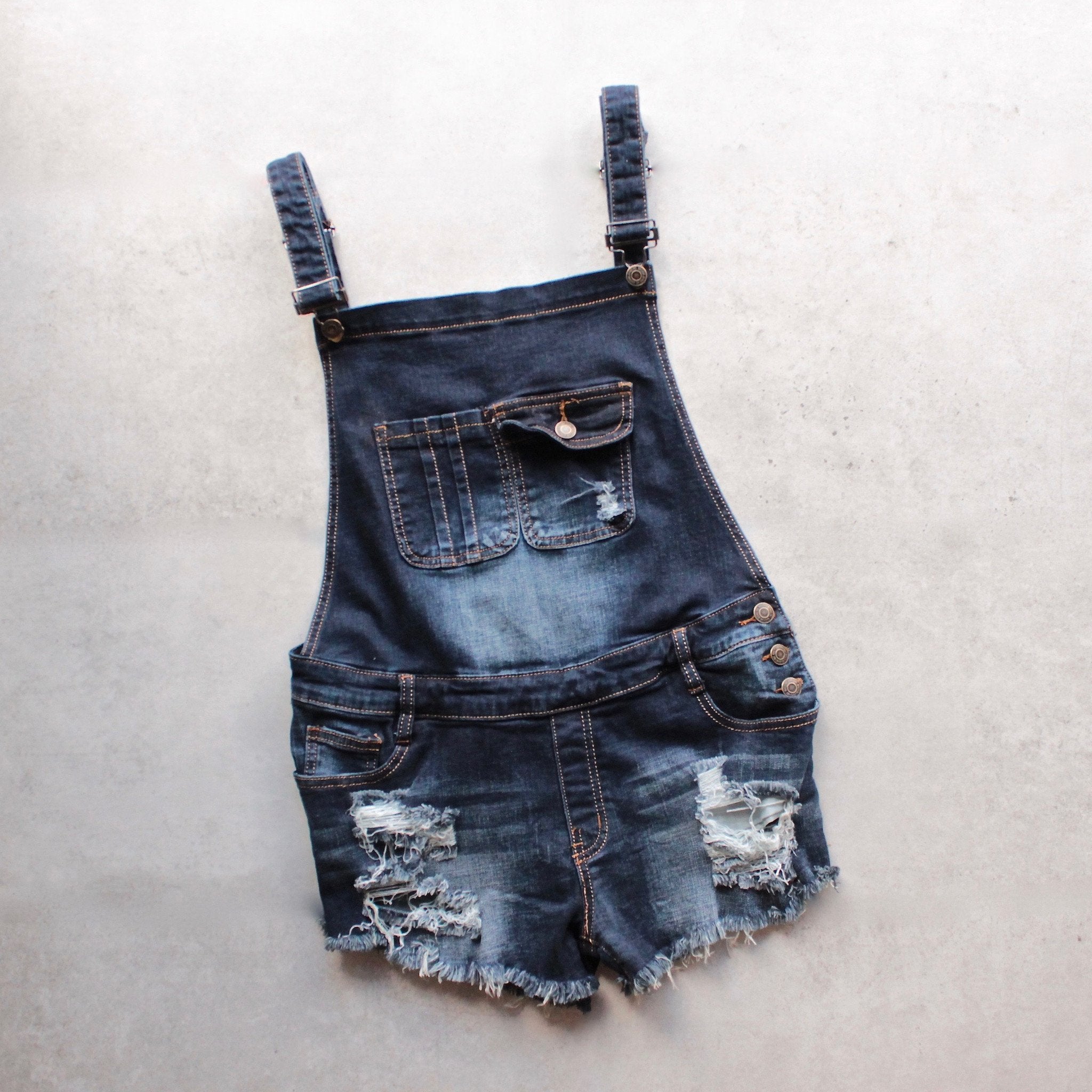 Blue Overalls Men Unknown Jeans Denim Shorts Distressed Bib