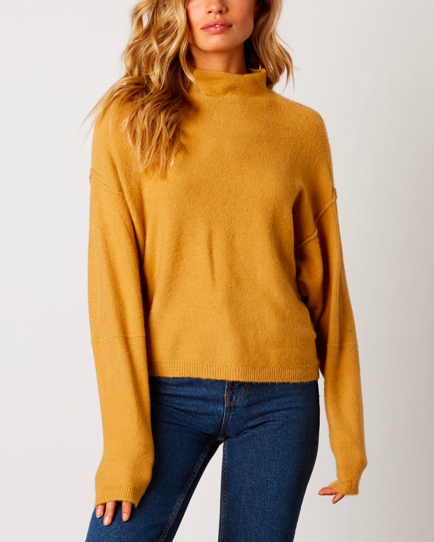 Ribbed Detail Turtleneck Dropped Shoulder Sweater
