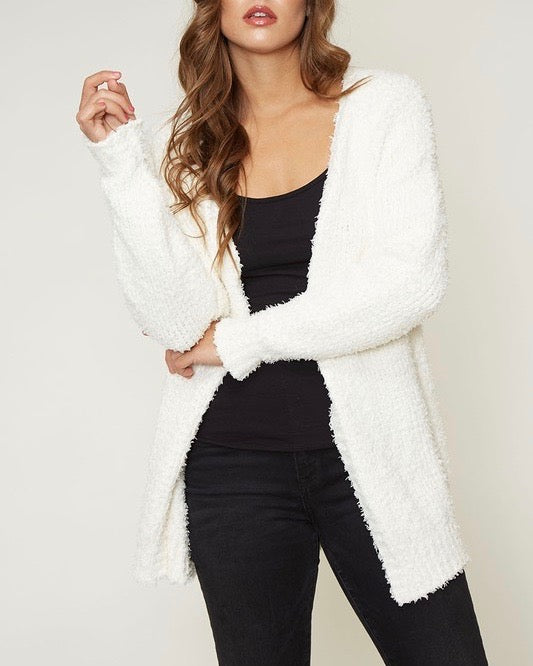 Fuzzy Knit Open Front Long Sleeve Cardigan in Ivory – Shop Hearts