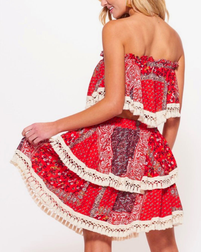 Paisley Printed Strapless Top Skirt Set with Tassel Trim in Red