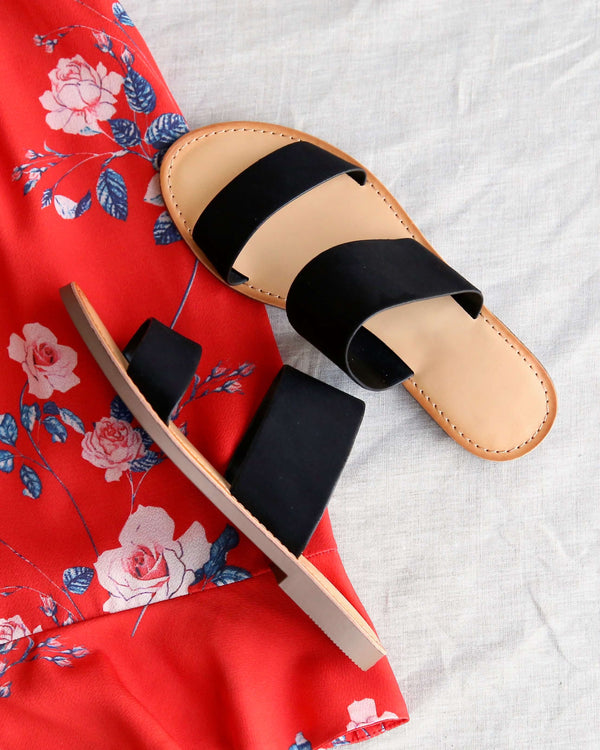 Harmony Double Strap Faux Suede Sandals in Black