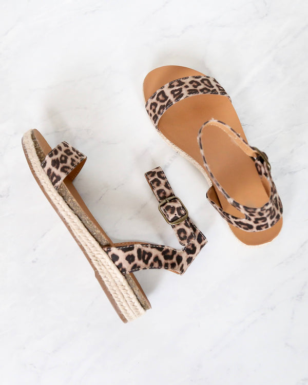 Single Band Platform Espadrille Sandals with Ankle Straps in Oat Cheetah