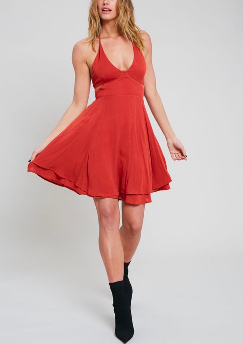 The One That I Want Open Back Halter Neck Flare Dress with Pockets in Rust
