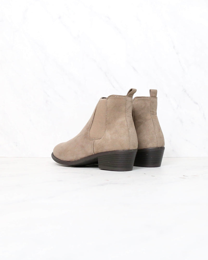 Low Heel Slip On Solid Faux Suede Ankle Booties - Taupe