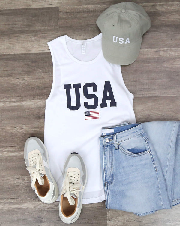USA - muscle tank - tank top - sleeveless - flag - patriotic - graphic tee - distracted -white