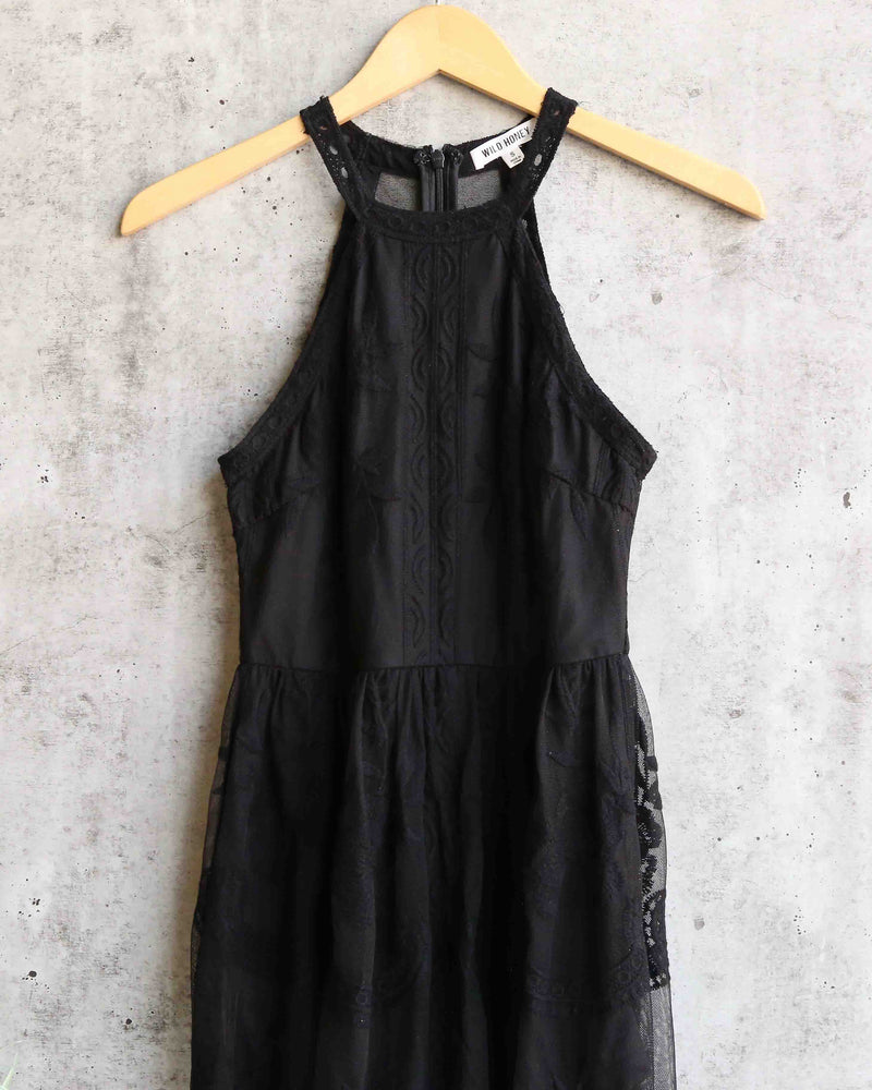 as you wish sleeveless halter maxi romper embroidered lace dress - black