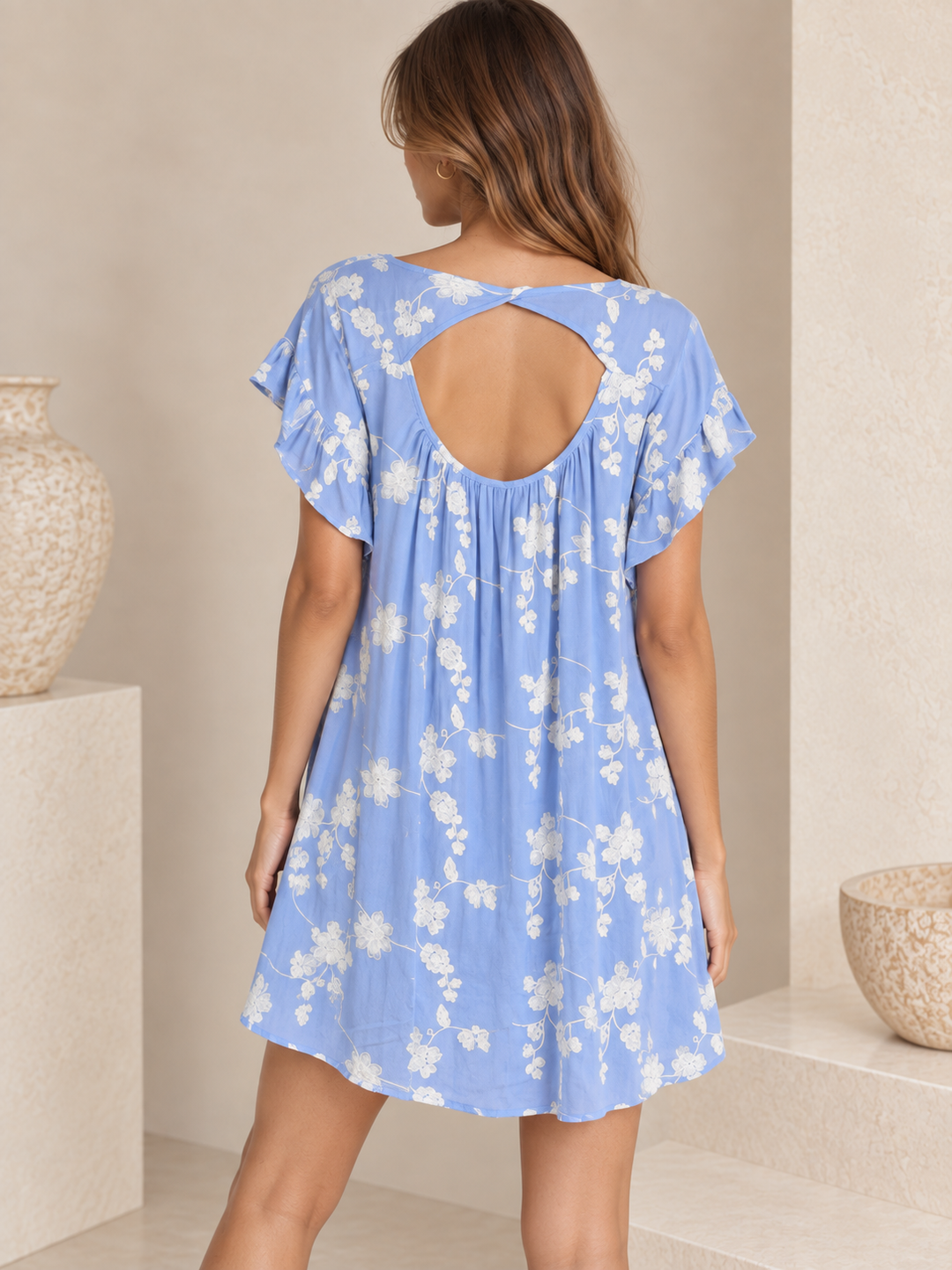 Floral Embroidered Open Back Swing Dress