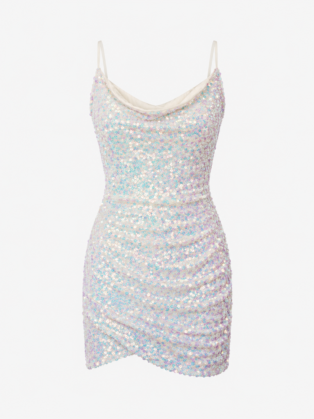 Aurora Iridescent Sequin Cowl Neck Mini Dress with Satin Bow – Off White
