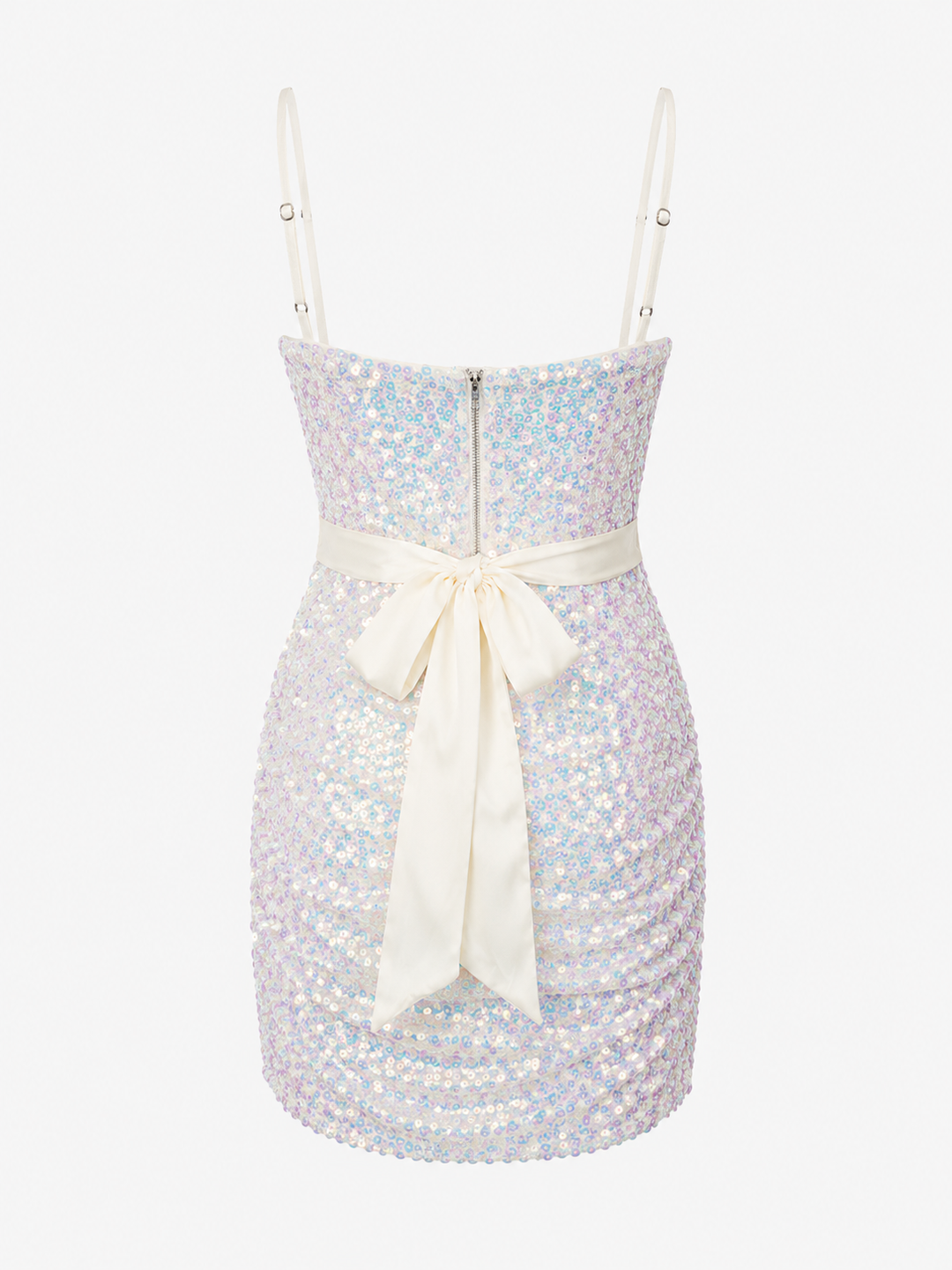 Aurora Iridescent Sequin Cowl Neck Mini Dress with Satin Bow – Off White