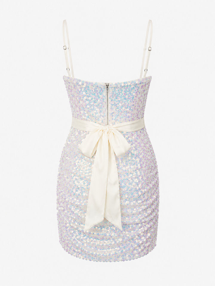 Aurora Iridescent Sequin Cowl Neck Mini Dress with Satin Bow – Off White