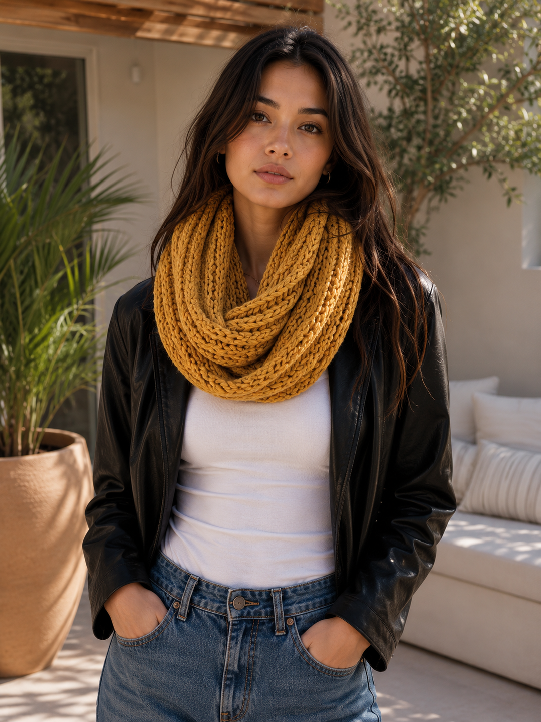 Woman wearing a chunky braided infinity scarf in Burgundy, Mustard, and Olive with a black leather jacket and casual fall outfit.