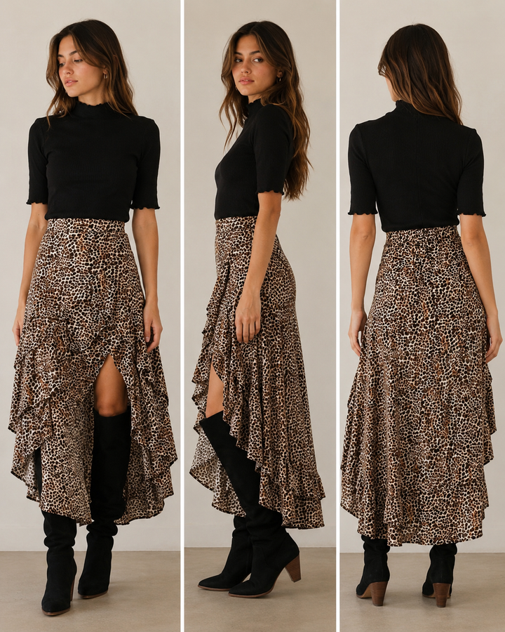 Animal Print Asymmetrical High Low Skirt