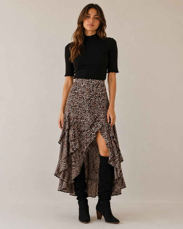 Animal Print Asymmetrical High Low Skirt