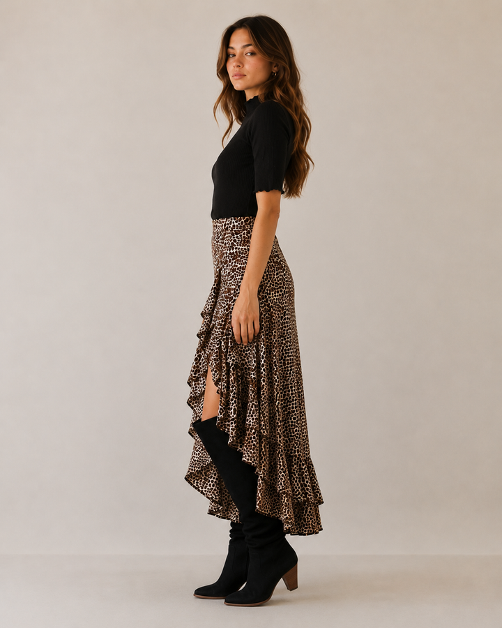Animal Print Asymmetrical High Low Skirt