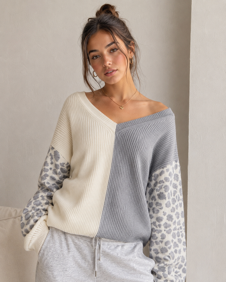 Animal Print Sleeve Color Block Cable Knit Sweater in More Colors
