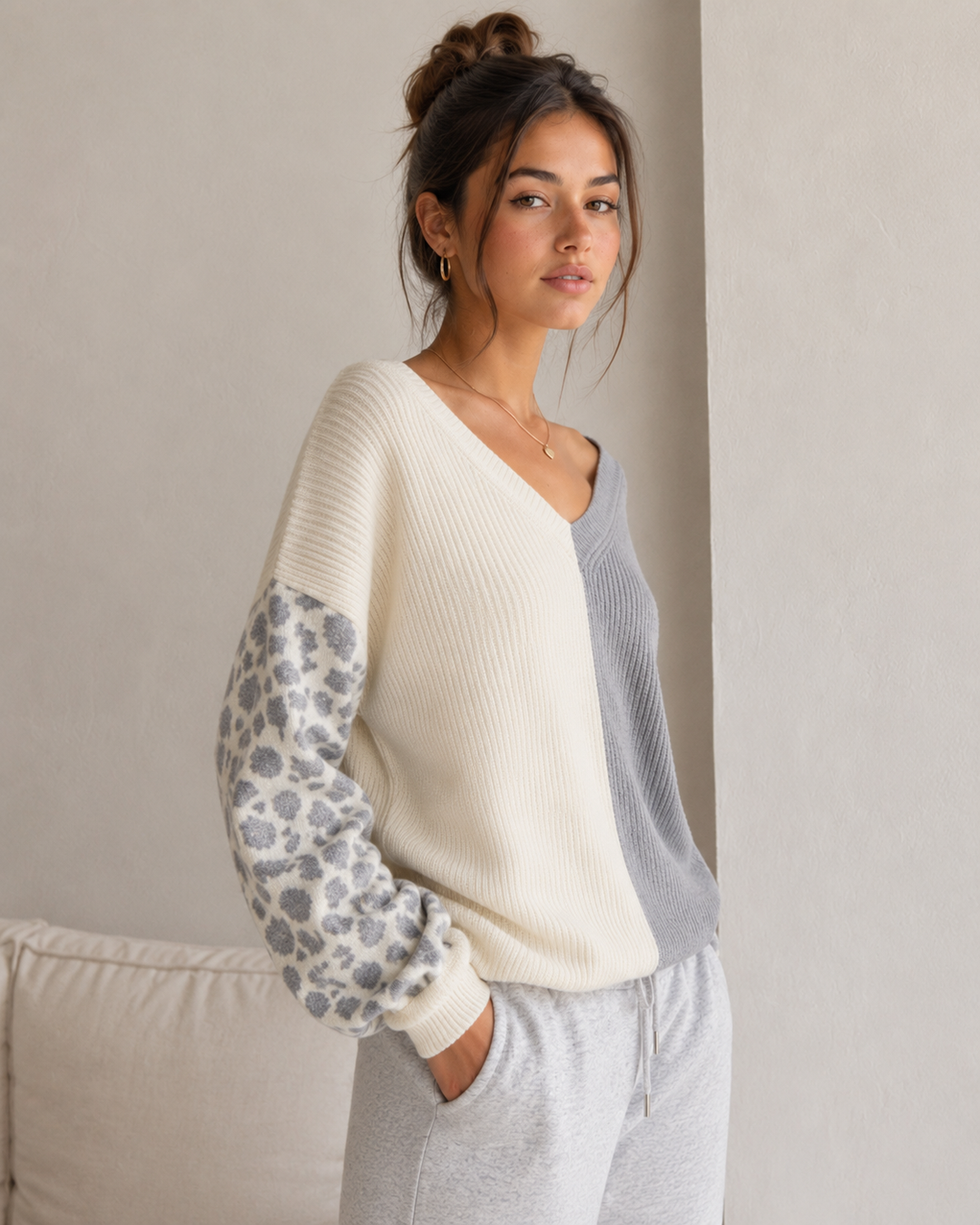 Animal Print Sleeve Color Block Cable Knit Sweater in More Colors