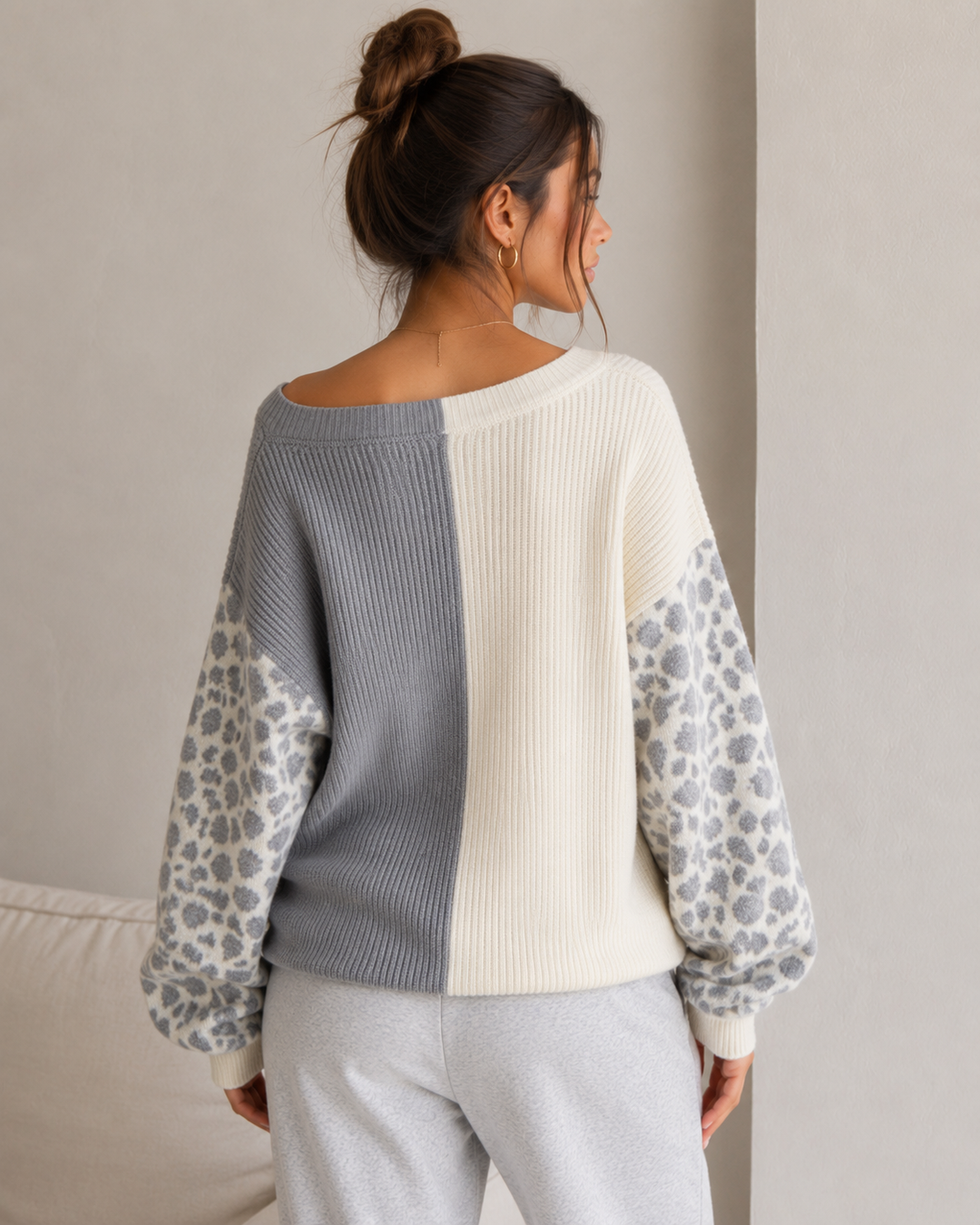 Animal Print Sleeve Color Block Cable Knit Sweater in More Colors