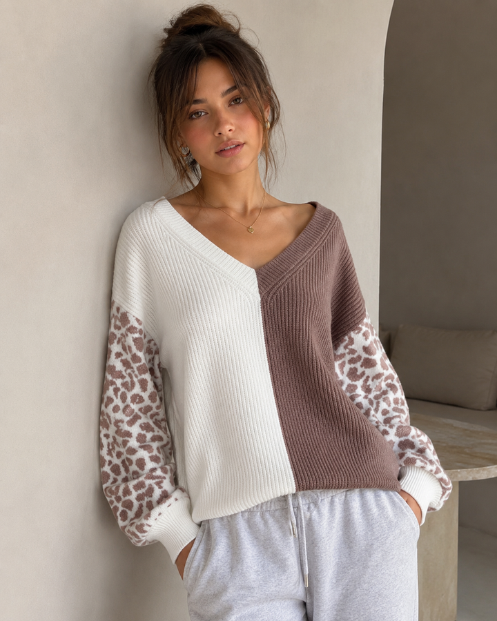 Animal Print Sleeve Color Block Cable Knit Sweater in More Colors