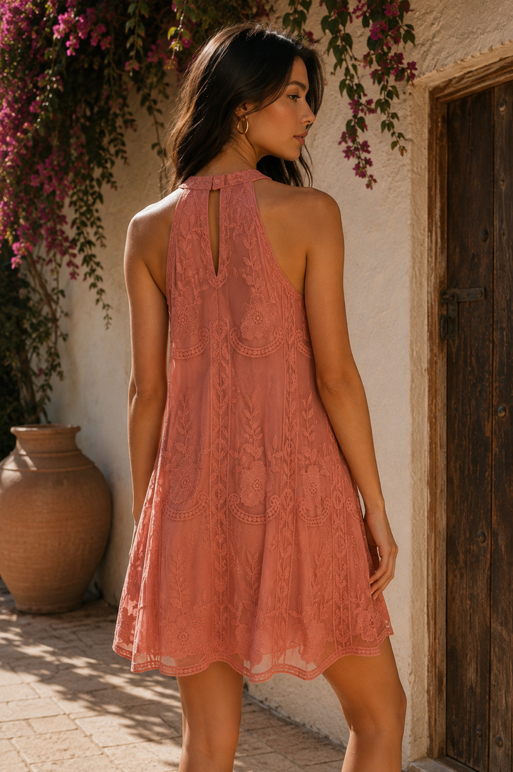 As You Wish Embroidered Halter Lace Mini Dress in More Colors