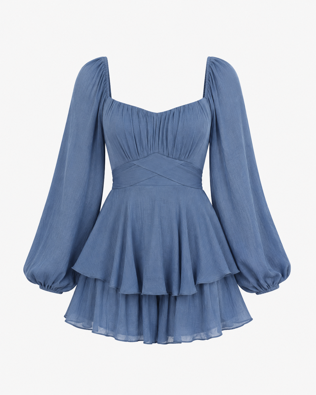 Balloon Long Sleeve Empire Waist Tiered Mini Romper in Midnight Blue