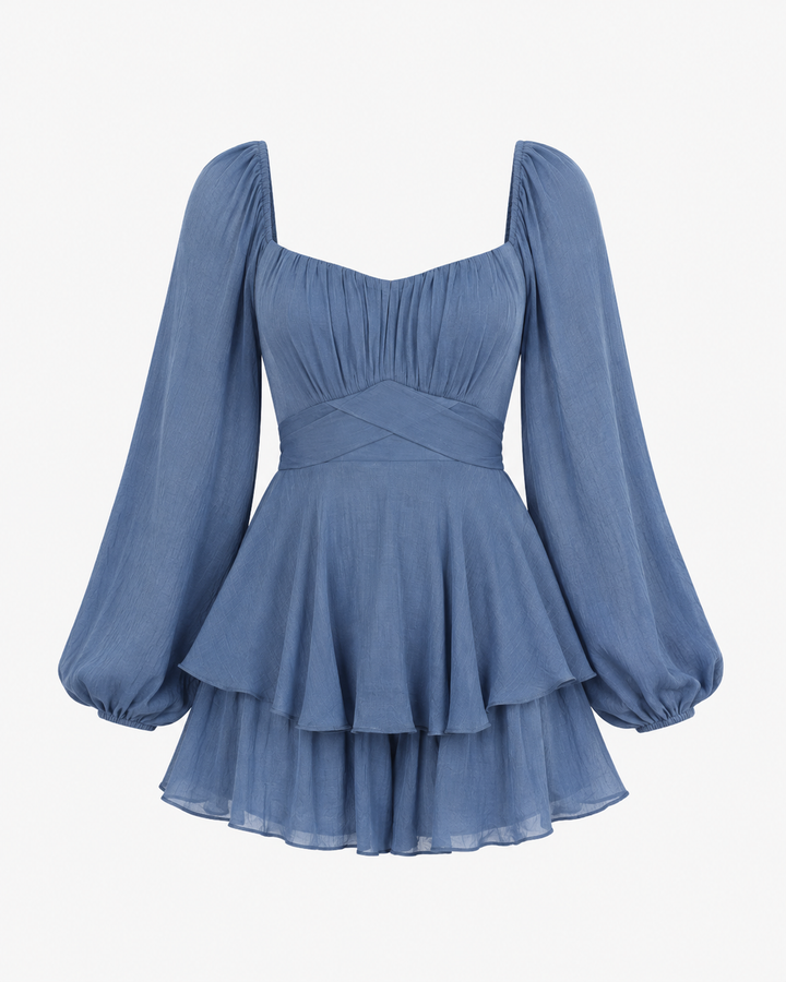 Balloon Long Sleeve Empire Waist Tiered Mini Romper in Midnight Blue