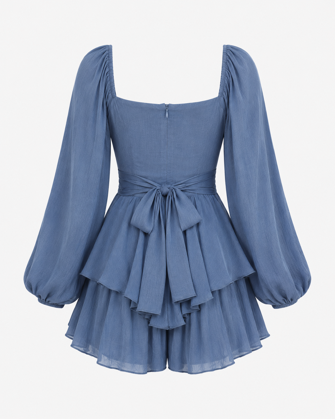 Balloon Long Sleeve Empire Waist Tiered Mini Romper in Midnight Blue