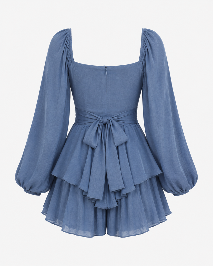 Balloon Long Sleeve Empire Waist Tiered Mini Romper in Midnight Blue