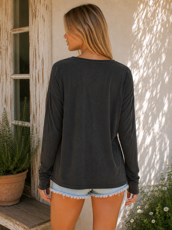 Vintage Acid Wash V-Neck Long Sleeve Shirt in Black
