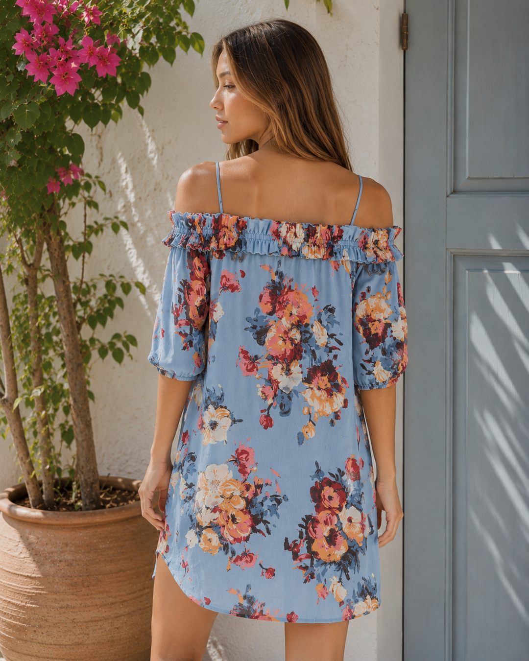 Blu Pepper - Blue Meadow Floral Off-Shoulder Mini Dress