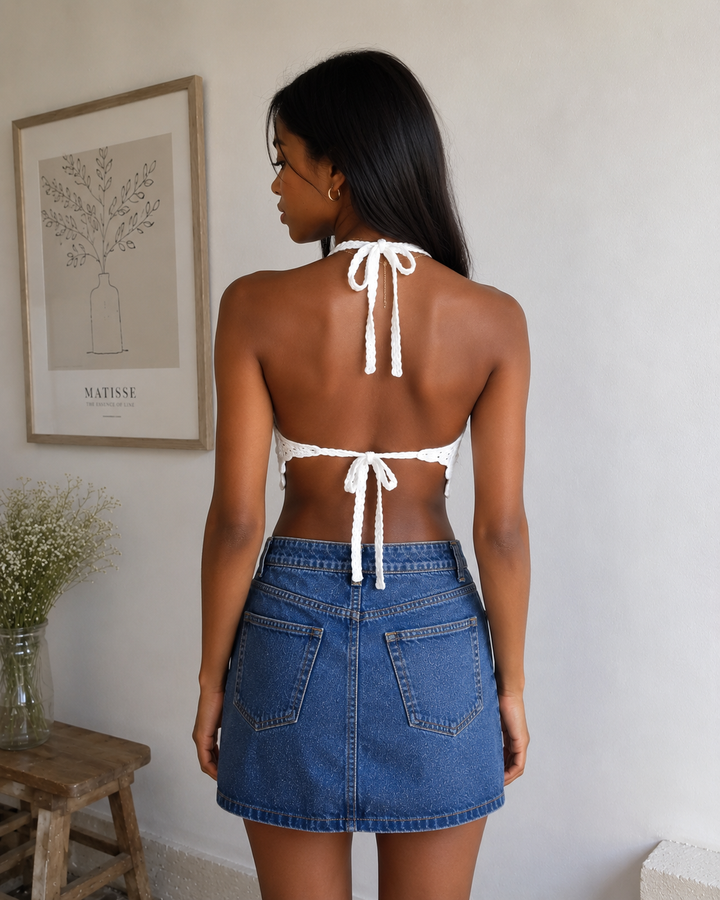 Bohemian Crochet Halter Crop Top in White