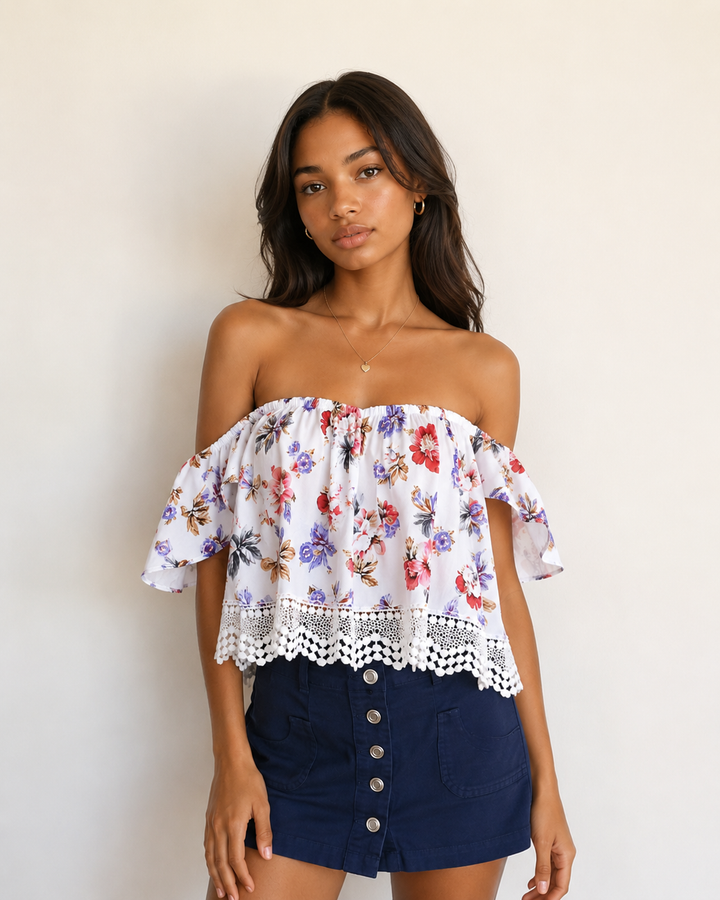 Boho Chic Off The Shoulder Crop Top With Lace Trim in More Colors