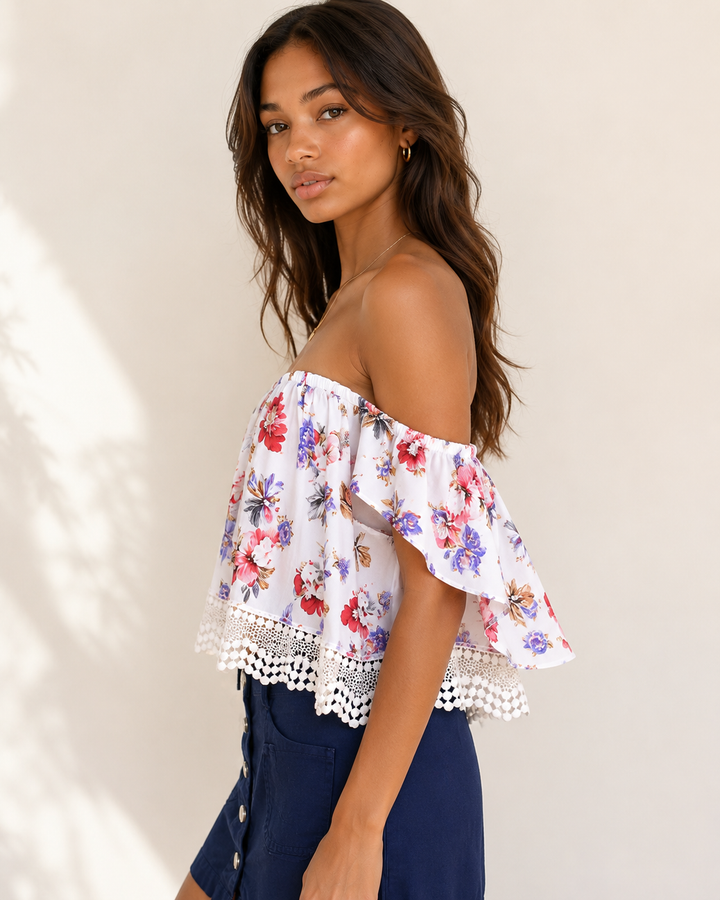 Boho Chic Off The Shoulder Crop Top With Lace Trim in More Colors