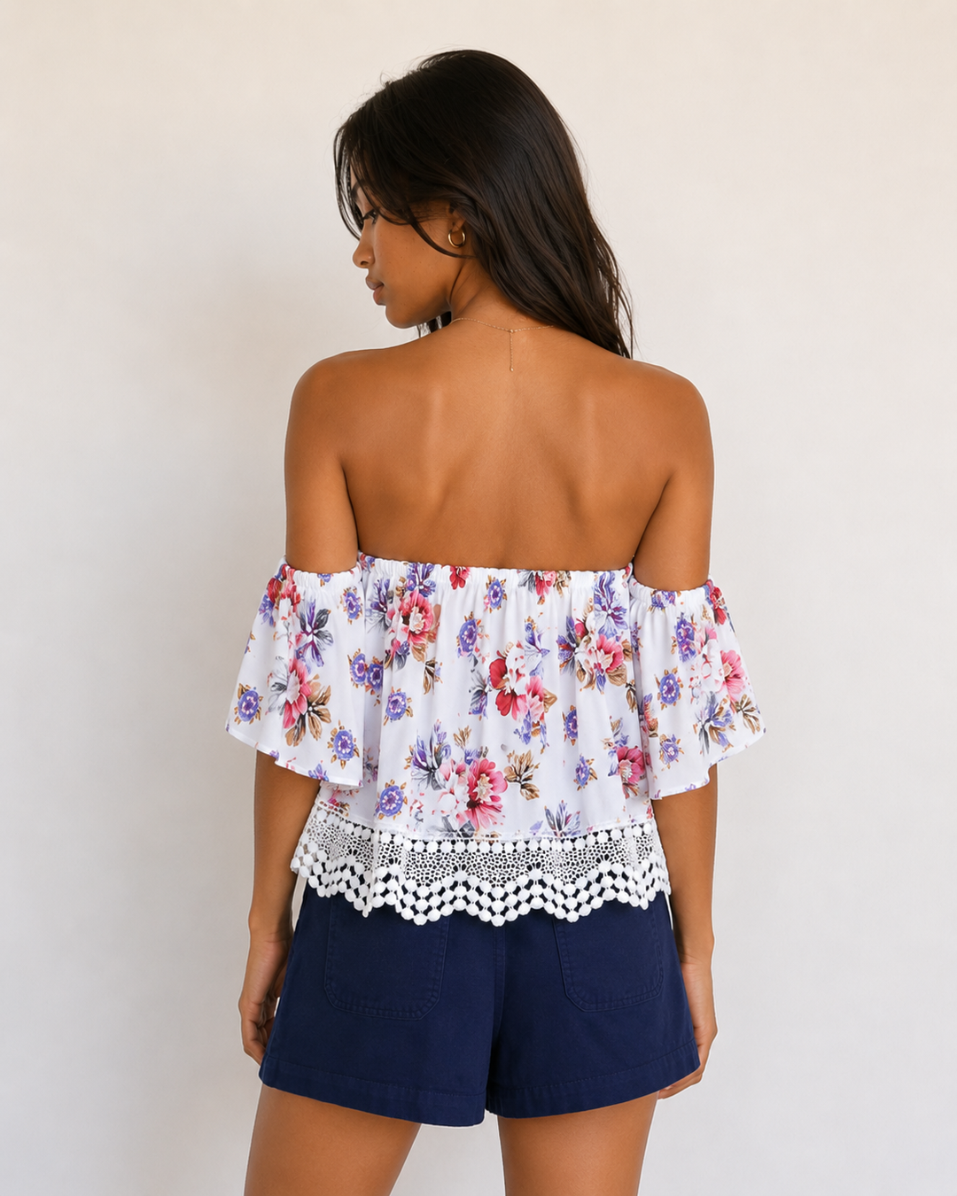 Boho Chic Off The Shoulder Crop Top With Lace Trim in More Colors