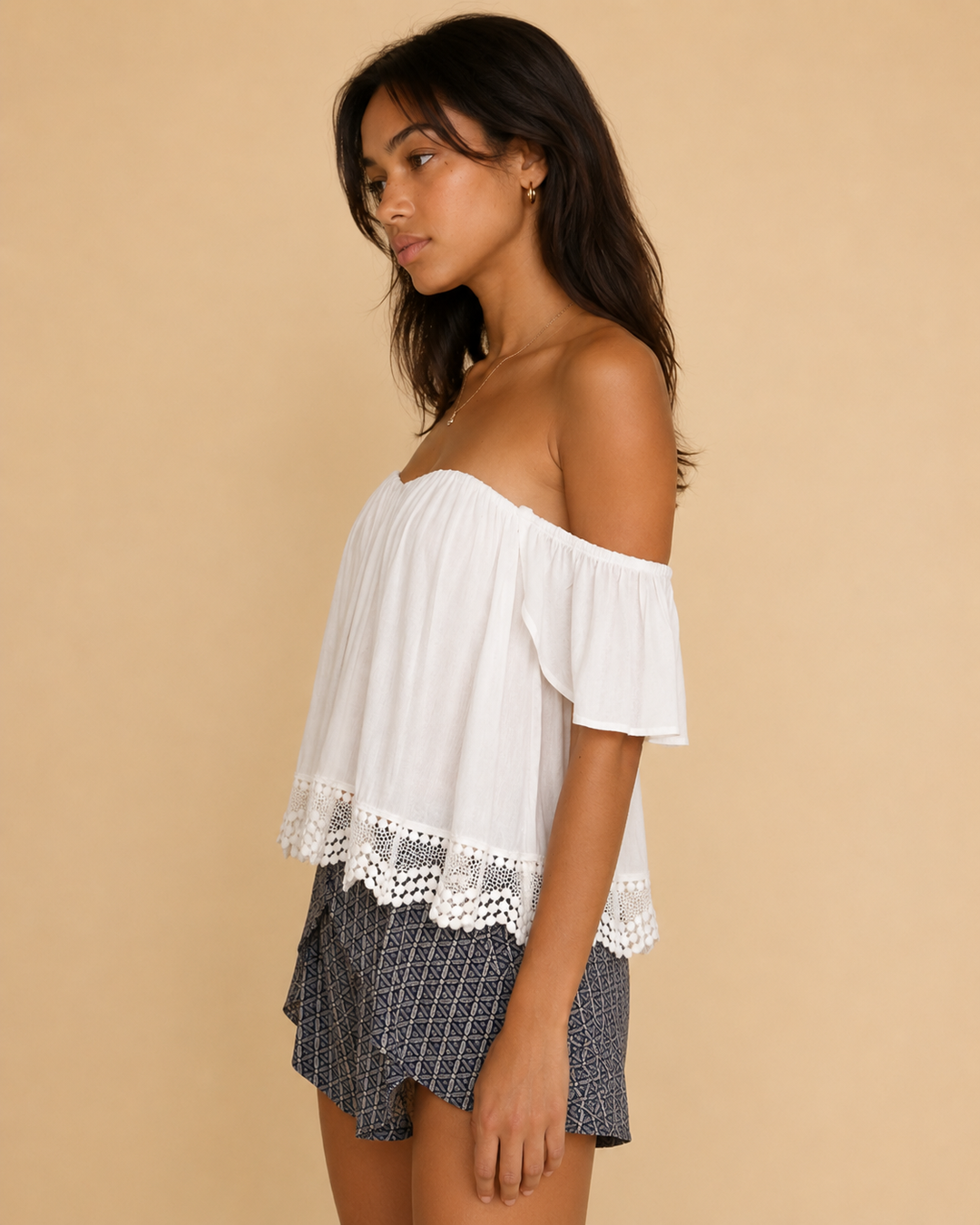 Boho Chic Off The Shoulder Crop Top With Lace Trim in More Colors
