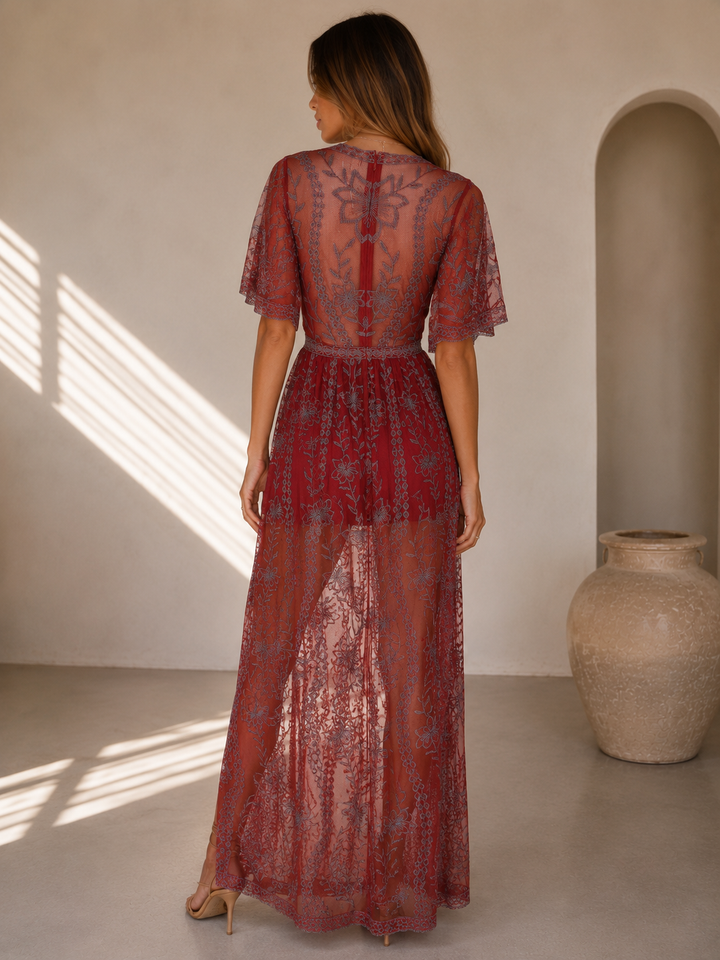 Burgundy Embroidered Lace Maxi Dress