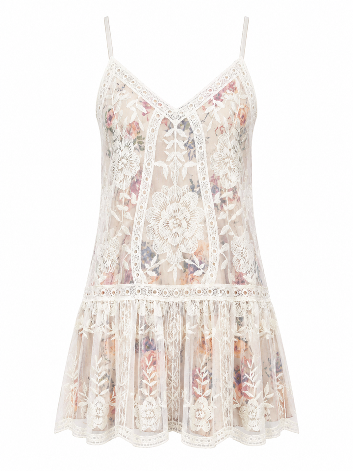 Care About You V-neck Lace and Floral Print Dress in Natural