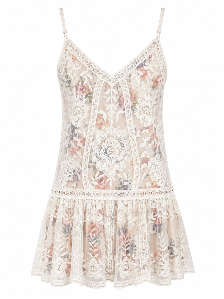 Care About You V-neck Lace and Floral Print Dress in Natural