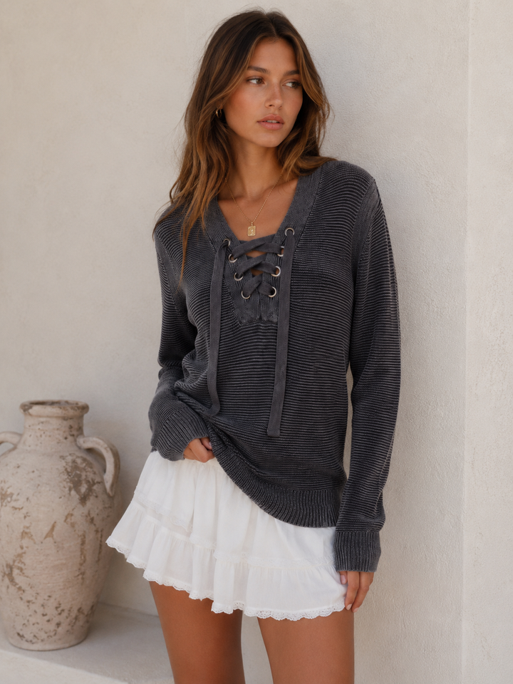 Charcoal Coast Lace-Up Sweater