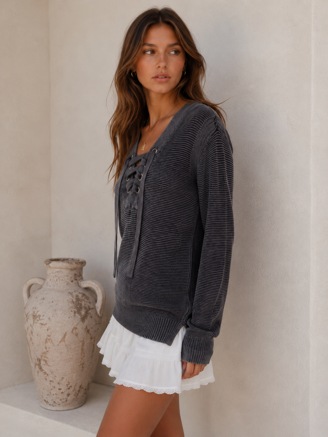 Charcoal Coast Lace-Up Sweater