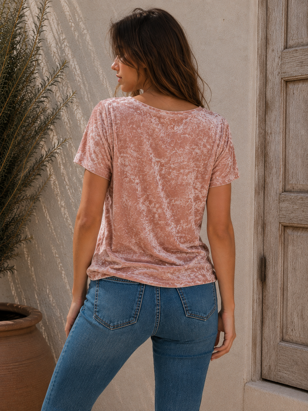 Jessica Crushed Velvet Deep V-Neck Pocket Tee in More Colors