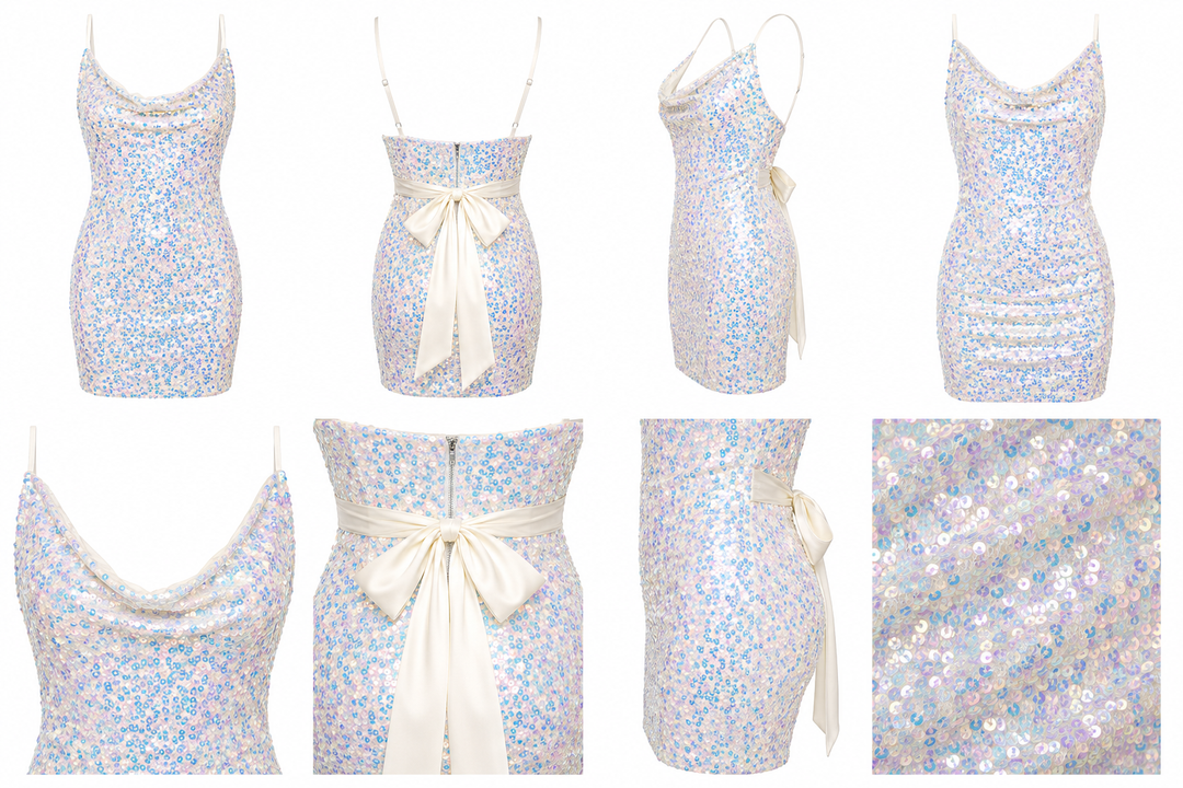 Aurora Iridescent Sequin Cowl Neck Mini Dress with Satin Bow – Off White