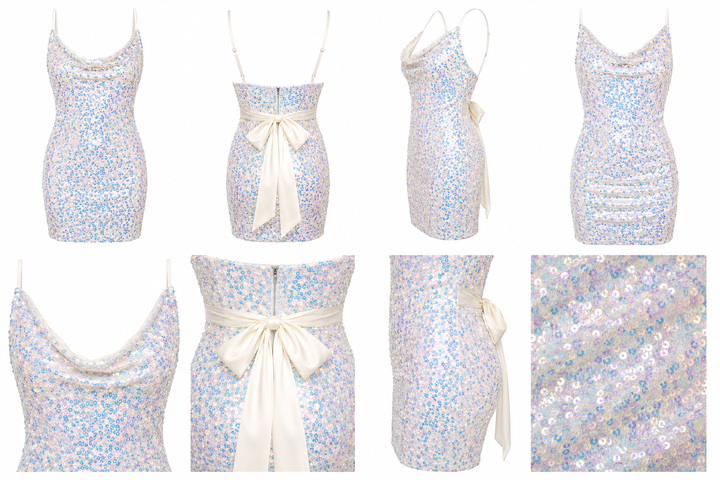Aurora Iridescent Sequin Cowl Neck Mini Dress with Satin Bow – Off White