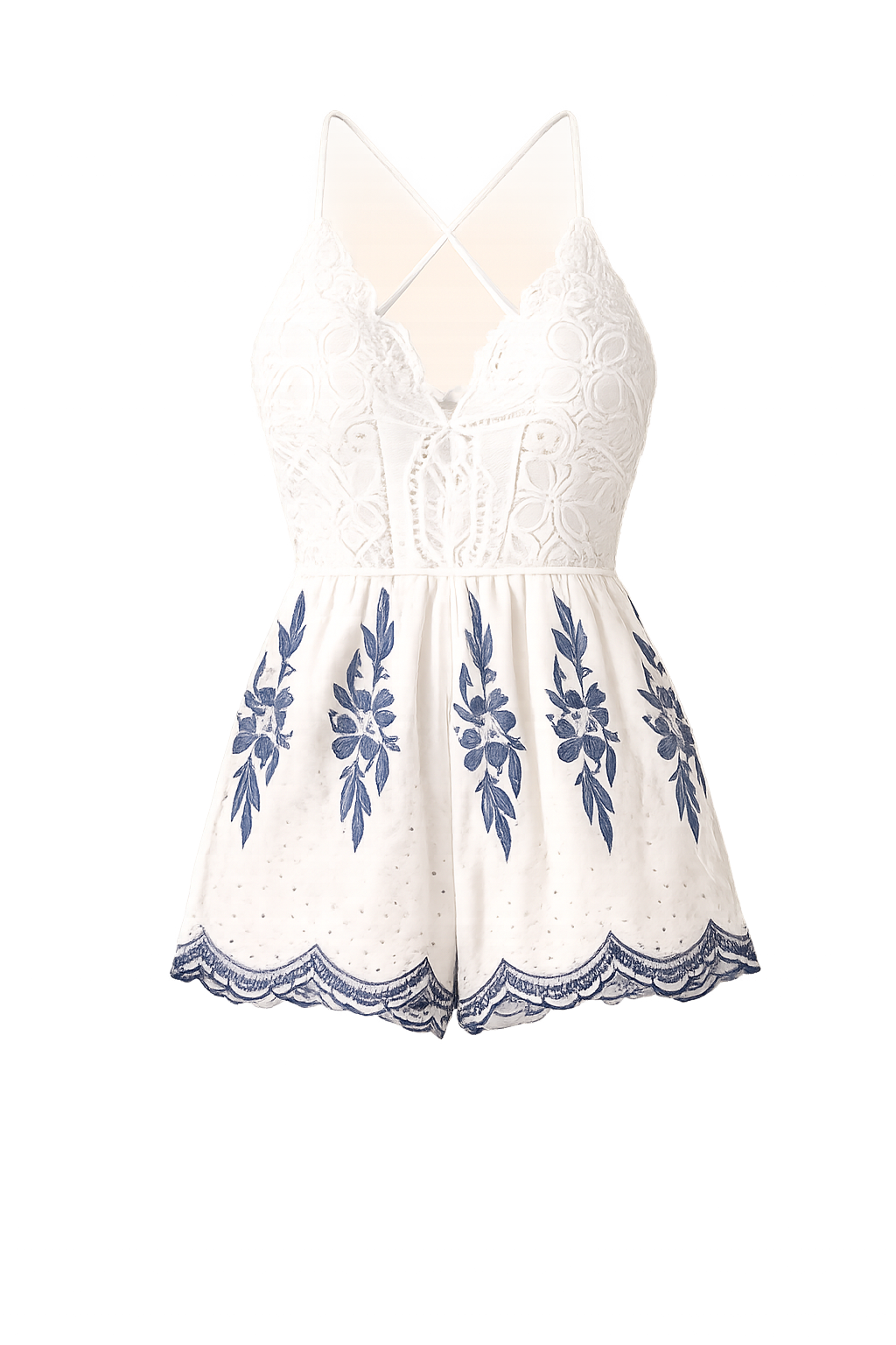 White + Navy Crochet Lace Embroidered Open Back Romper