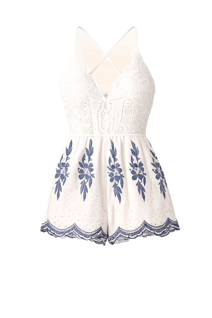 White + Navy Crochet Lace Embroidered Open Back Romper