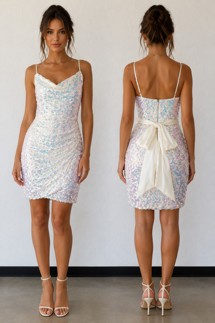 Aurora Iridescent Sequin Cowl Neck Mini Dress with Satin Bow – Off White