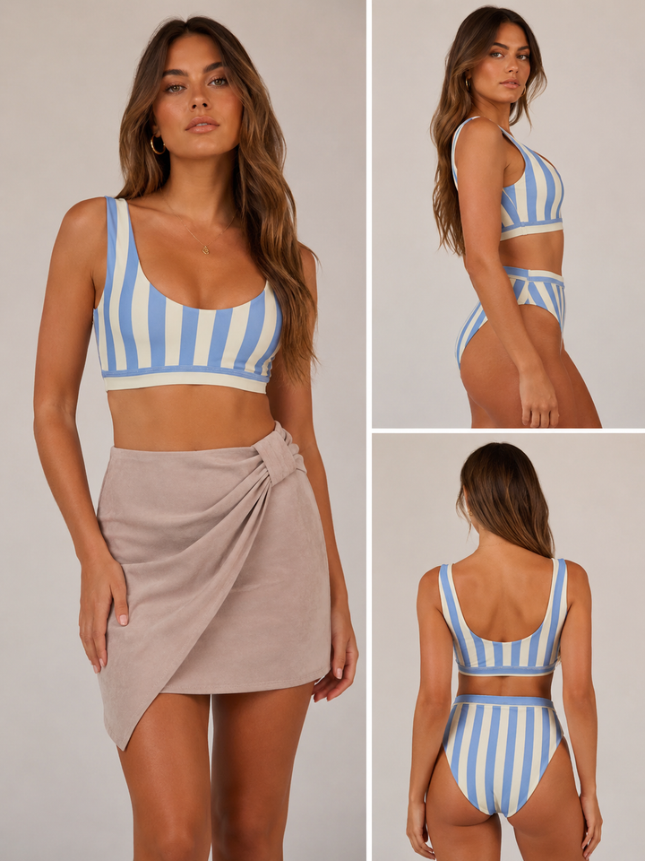 Dippin' Daisy's - Kylie Sporty Swim Top + Banded High Waist High Cut Cheeky Bottom - Sky Stripes