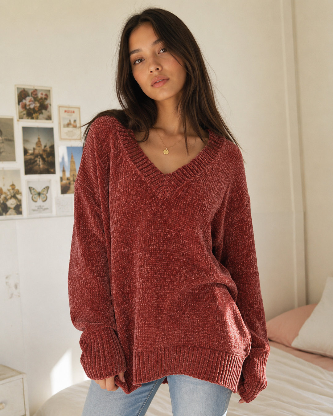 Dark ginger oversized chenille V-neck sweater with long sleeves and ribbed trim styled with light wash jeans.